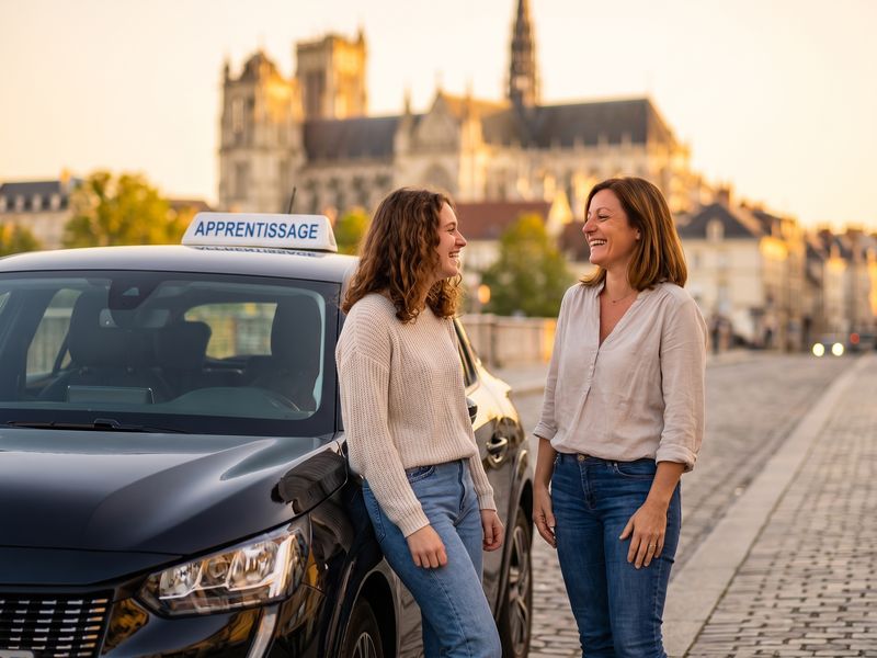 La candidate et son accompagnatrice partagent un rire près de la voiture double commande, à Amiens